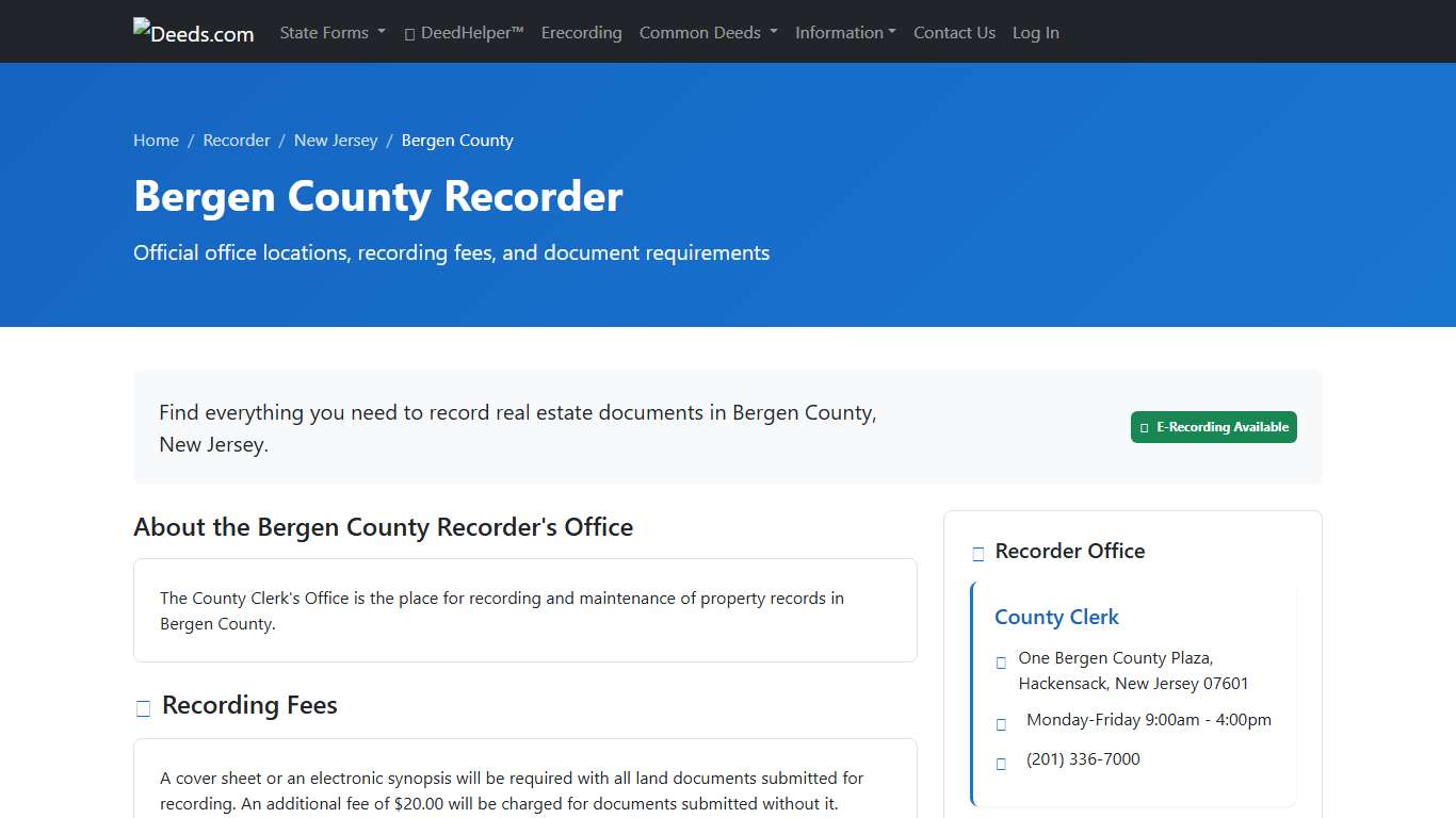 Bergen County Recorder Information, New Jersey - Deeds.com