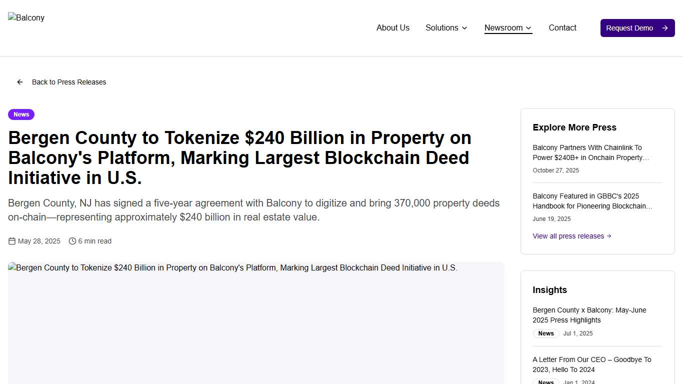 Bergen County to Tokenize $240 Billion in Property on Balcony's Platform, Marking Largest Blockchain Deed Initiative in U.S. Balcony Insights